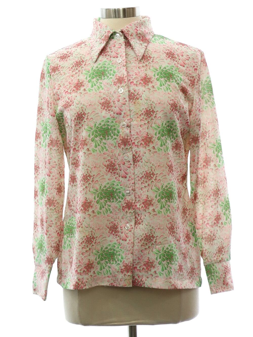 Vintage 70s Jantzen Pink Green Floral Long Sleeve Blouse Women's Medium
